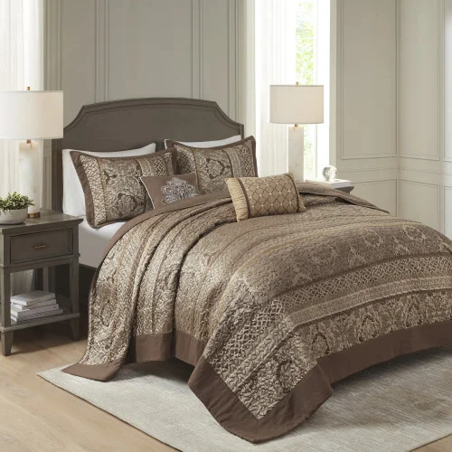 5 Piece Reversible Jacquard Bedspread Set Brown Gold King