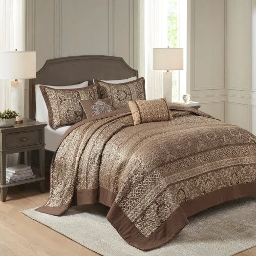 5 Piece Reversible Jacquard Bedspread Set Brown Gold King