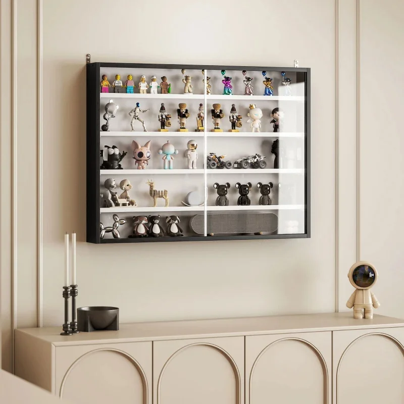 5-tier Display Cabinet, Wall-mounted Display Case with 2 Glass Doors and Adjustable Shelves, Blackm-1 Homcom 5-tier Display Cabinet, Wall-mounted Display Case with 2 Glass Doors and Adjustabl