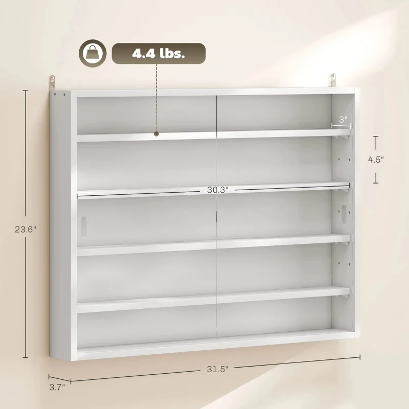 5-tier Display Cabinet, Wall-mounted Display Case with 2 Glass Doors and Adjustable Shelves, White