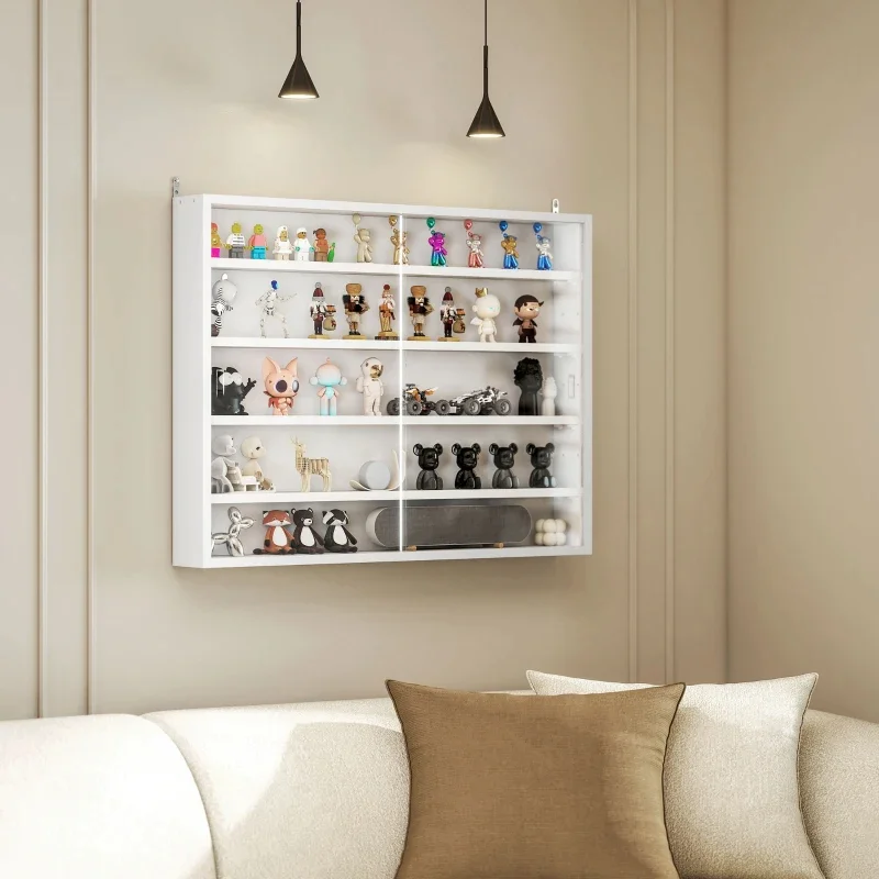 5-tier Display Cabinet, Wall-mounted Display Case with 2 Glass Doors and Adjustable Shelves, White