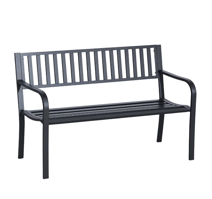 50ft Outdoor Bench Seat, Patio Bench with Slatted Seat, Metal Porch Bench, with 2 Person Design, for Poolside, Lawn, Black