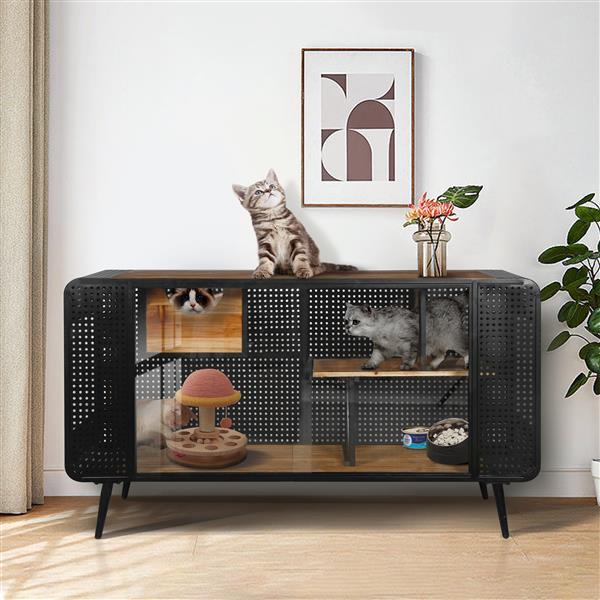 55.12 Inch Spacious Cat House with Tempered Glass, Prohibited Platform