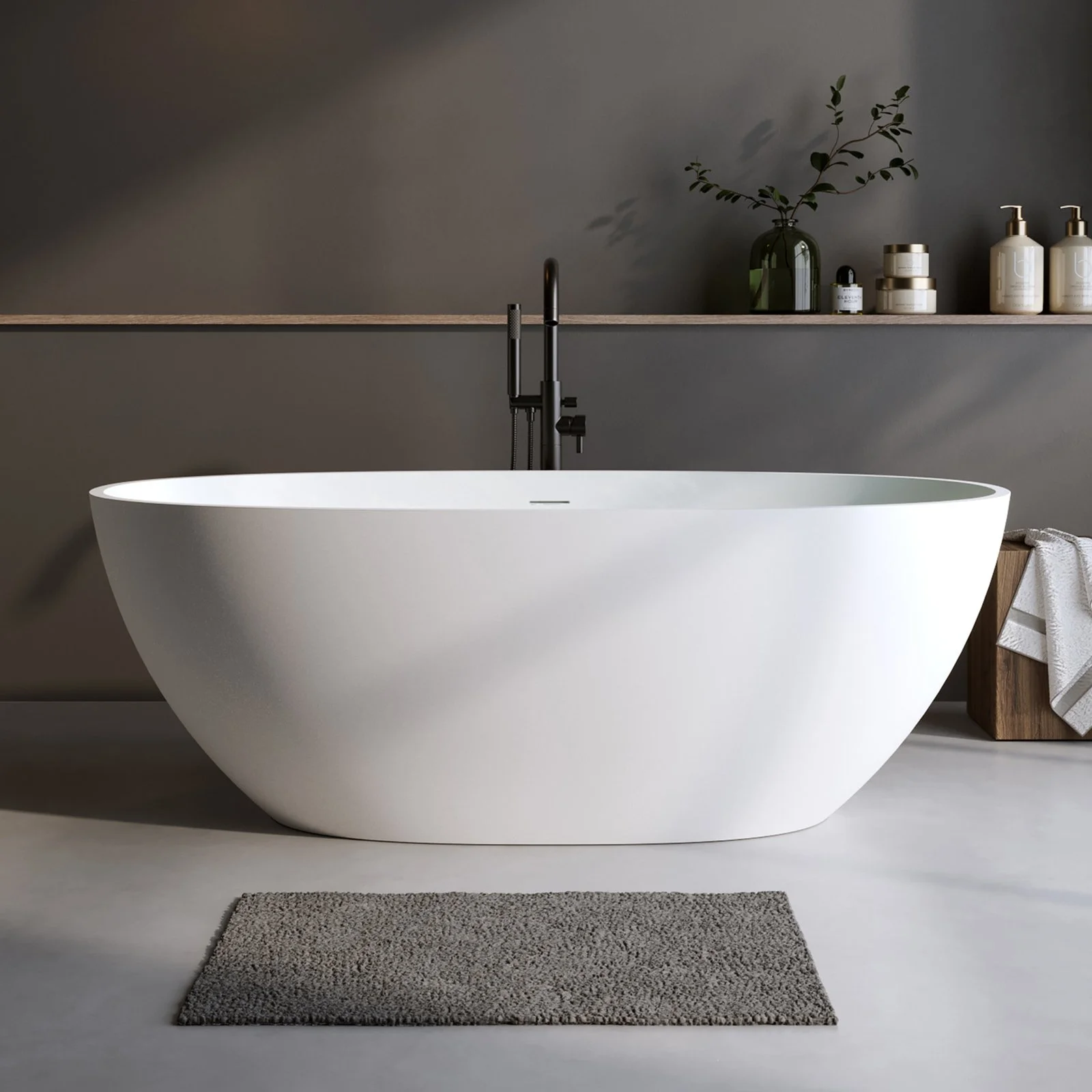 59'' Solid Surface Matte Tub, Solid Surface Soaking Tub, Stone Resin Freestanding Bathtub, Thick Edge Stand Alone Tubs with Overflow, Pop-up Drain, Matte White Oval
