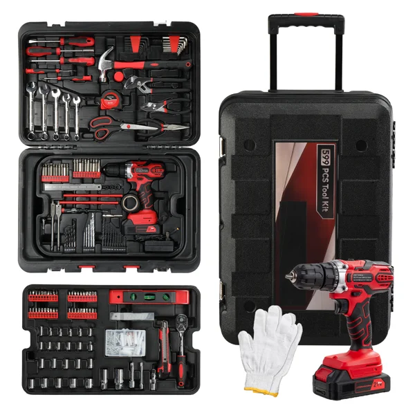 599 21V Drill Tool Set with Rolling Toolbox – Durable Chrome‑Plated Steel Hand Tools