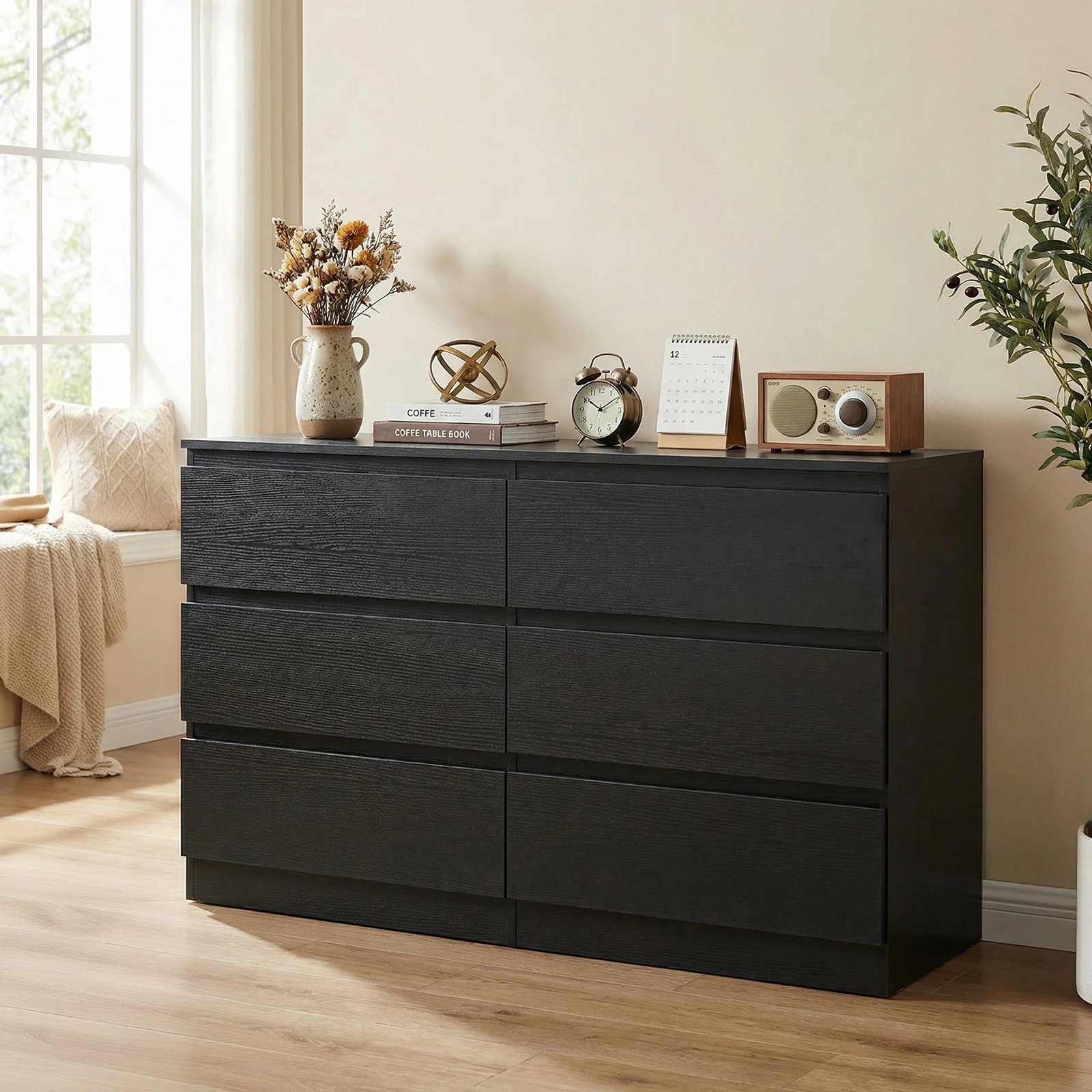 6 Drawer Black Dresser, Modern Bedroom Dresser with Spacious Countertop, Wood Storage Cabinet with Concealed Handles & 6 Deep Drawers for Bedroom, Living Room, Entryway, 15.7 D X 47.2w X 30.9 H