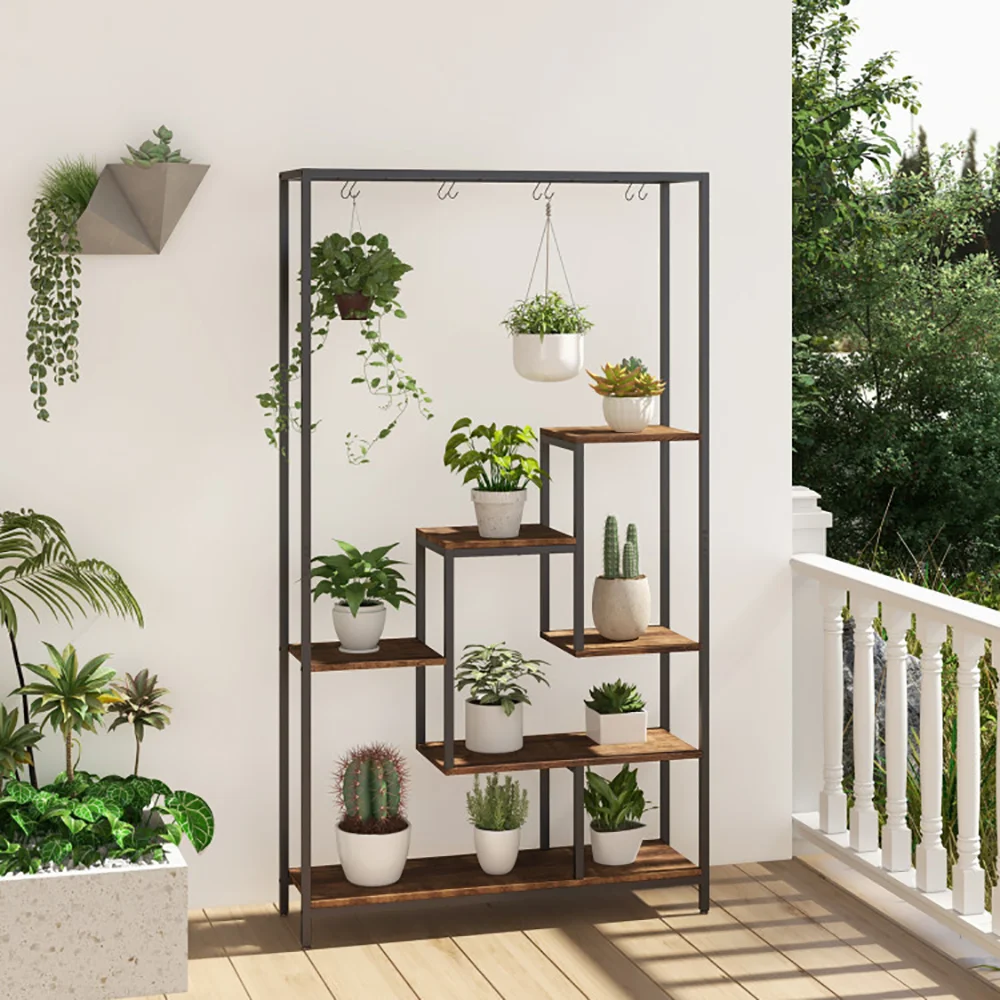 6-tier Tall Plant Stand 71 Inch Metal Indoor Plant Shelf with 10 Hanging Hooks