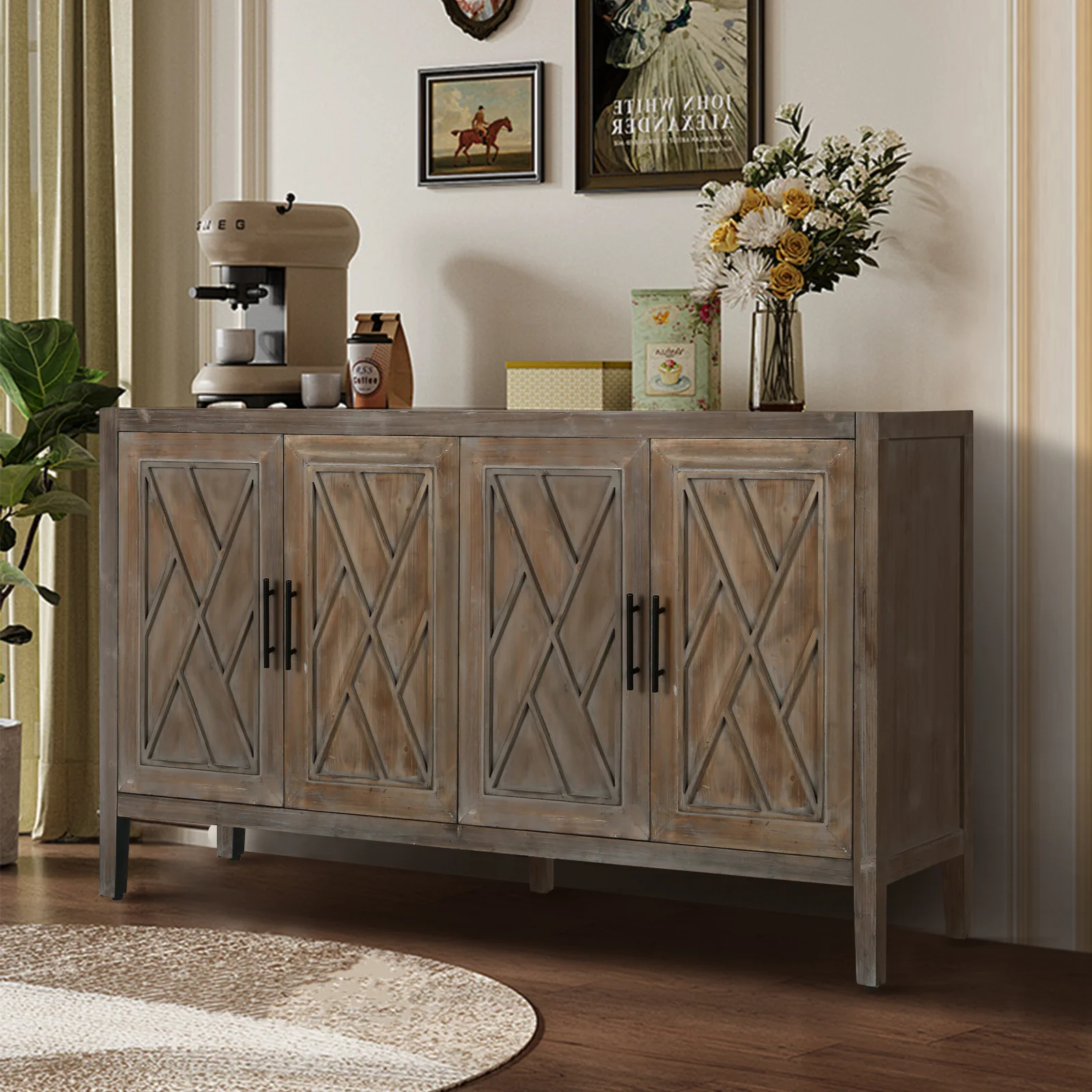 60 Inches Modern Farmhouse Accent Cabinet with 4 Doors and Adjustable Shelf Wood Sideboard Buffet Cabinet Console Table Credenza Buffet Table for Kitchen Dining Room Entryway Hallway Antique Brown