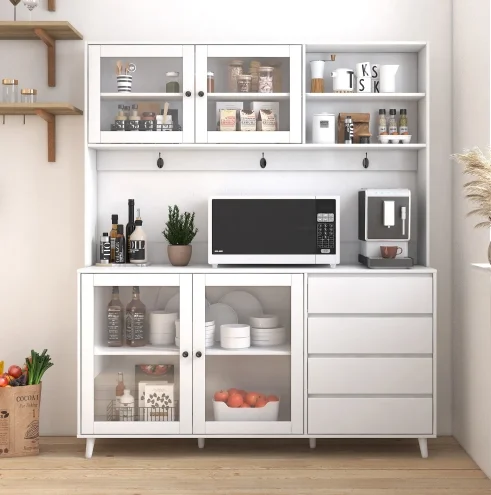 63w Large Kitchen Hutch Cabinet, Freestanding Pantry Cabinets Storage Kitchen Cupboard with 4 Doors, 4 Drawers & Microwave Shelf, White