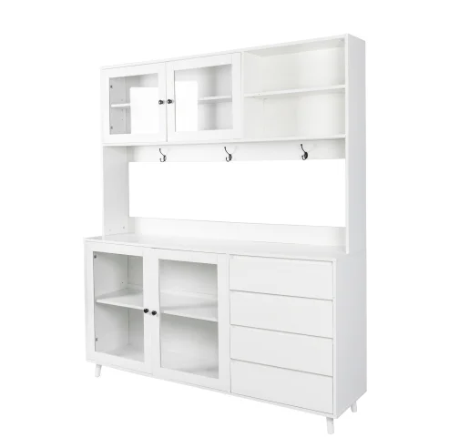 63w Large Kitchen Hutch Cabinet, Freestanding Pantry Cabinets Storage Kitchen Cupboard with 4 Doors, 4 Drawers & Microwave Shelf, White