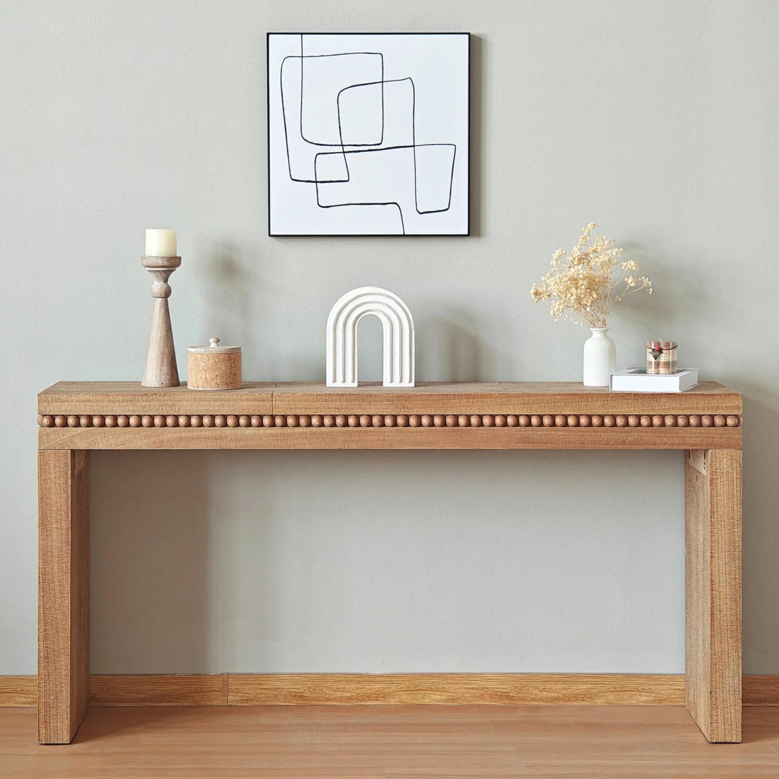 64 Inch Rustic Wood Console Table with Beaded Trim for Entryway