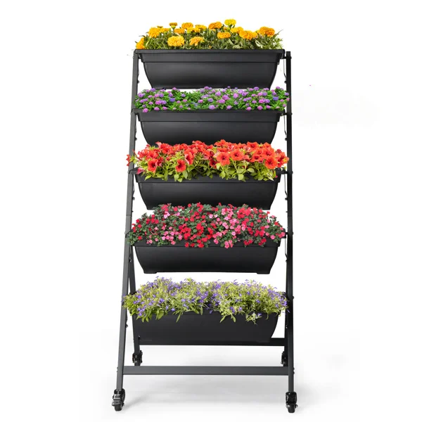5‑Tier Black PE Planter Pot with Wheels – 65x60x130 cm Vertical Garden Bed