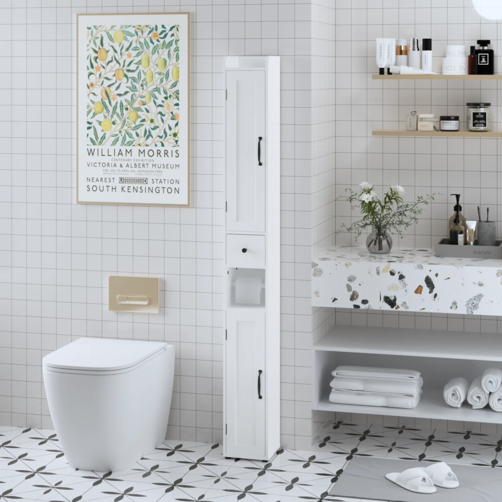 67.51 Tall Bathroom Storage Cabinet with Adjustable Shelves,slim 2 Doors Freestanding Cabinet with Anti-tip, Open Compartments, for Home, Small Spaces, Bathroom,kitchen, Living Room, White