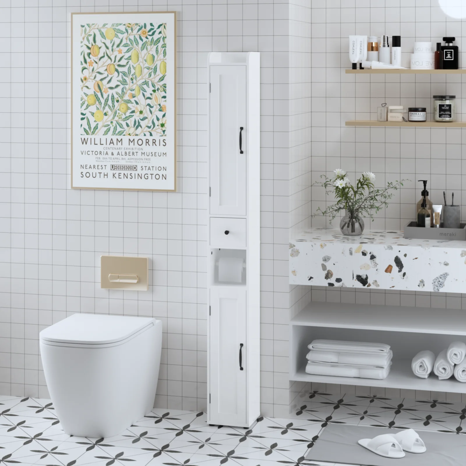 67.51 Tall Bathroom Storage Cabinet with Adjustable Shelves,slim 2 Doors Freestanding Cabinet with Anti-tip, Open Compartments, for Home, Small Spaces, Bathroom,kitchen, Living Room, White