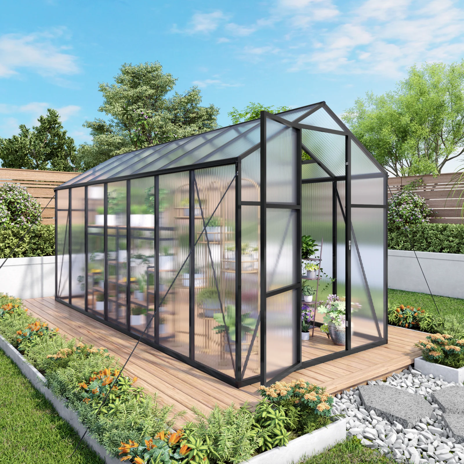 6x14ft Walk-in Outdoor Greenhouse - Polycarbonate Garden Greenhouse with Sturdy Aluminum Frame, Adjustable Vents, Lockable Door & Uv Protection for Backyard