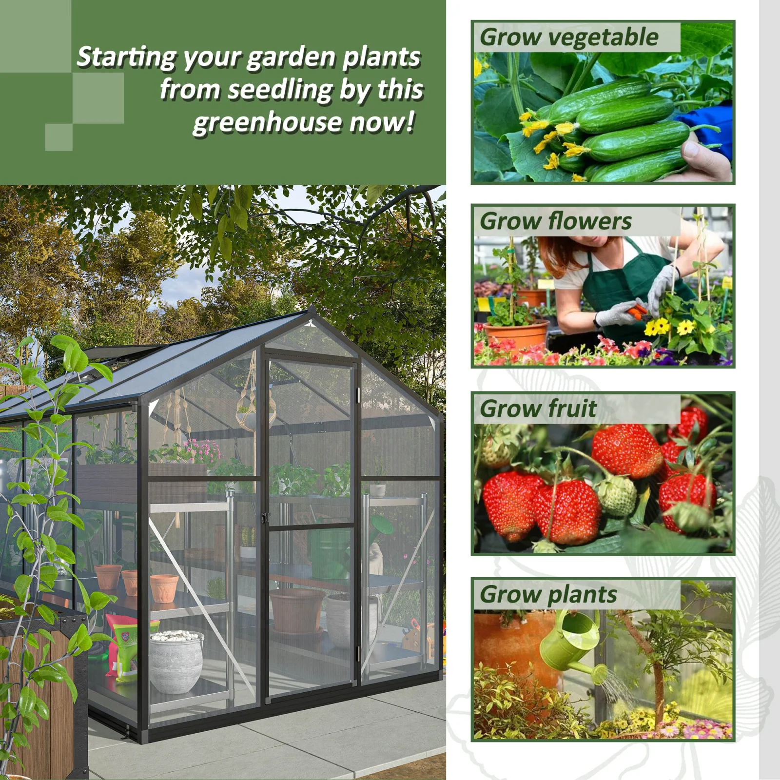 6x8 Ft Greenhouse for Outdoors, Polycarbonate Greenhouse with Quick Setup Structure and Roof Vent, Aluminum Large Walk-in Greenhouse for Outside Garden Backyard, Black