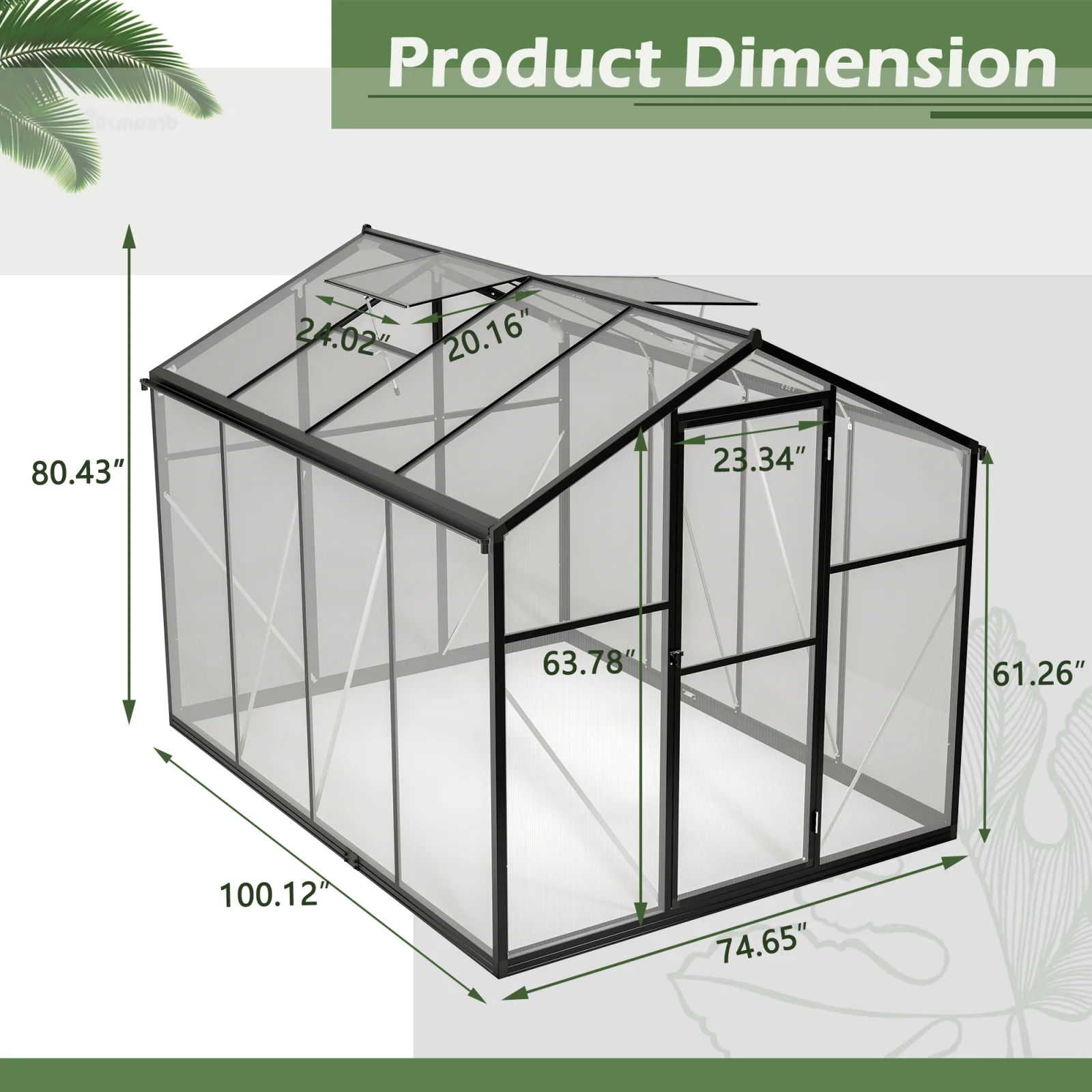 6x8 Ft Greenhouse for Outdoors, Polycarbonate Greenhouse with Quick Setup Structure and Roof Vent, Aluminum Large Walk-in Greenhouse for Outside Garden Backyard, Black