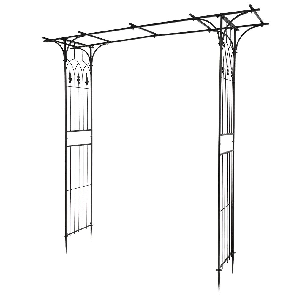 Black Flat Top Wrought Iron Garden Arch for Climbing Vines and Roses