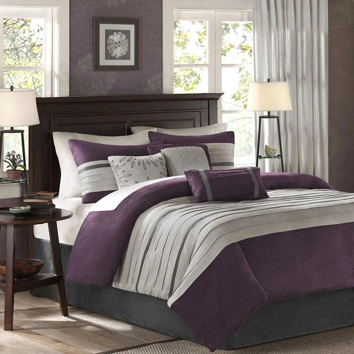7 Pc Pieced Faux Suede Comforter Set Purple King
