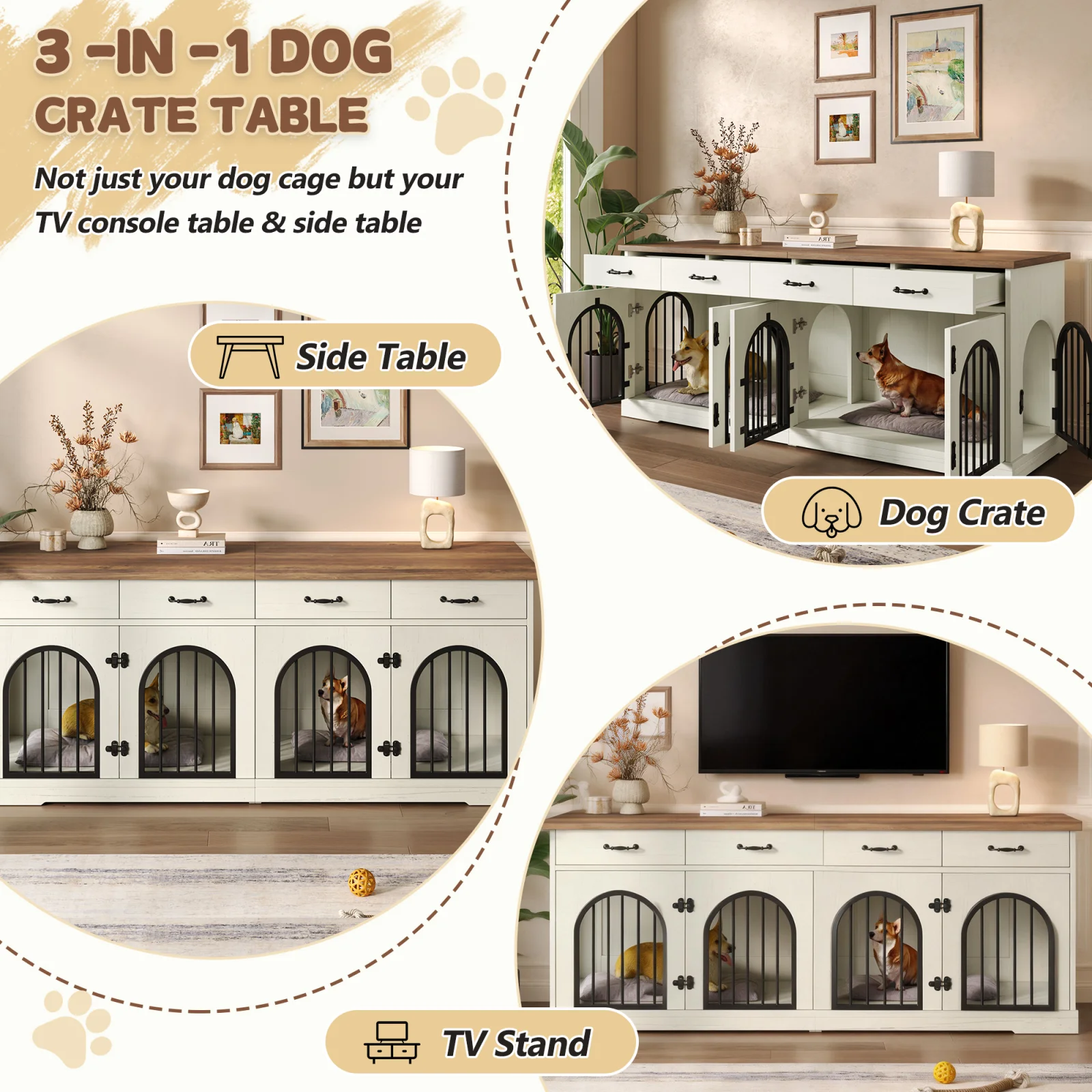 70.8 Large Dog Crate Furniture for 2 Dogs, Dog Kennel Indoor with Removable Divider Door and 4 Storage Drawers, End Table, Dog Crate Tv Stand with 4 Doors for Medium Small Dogs, White and Brown