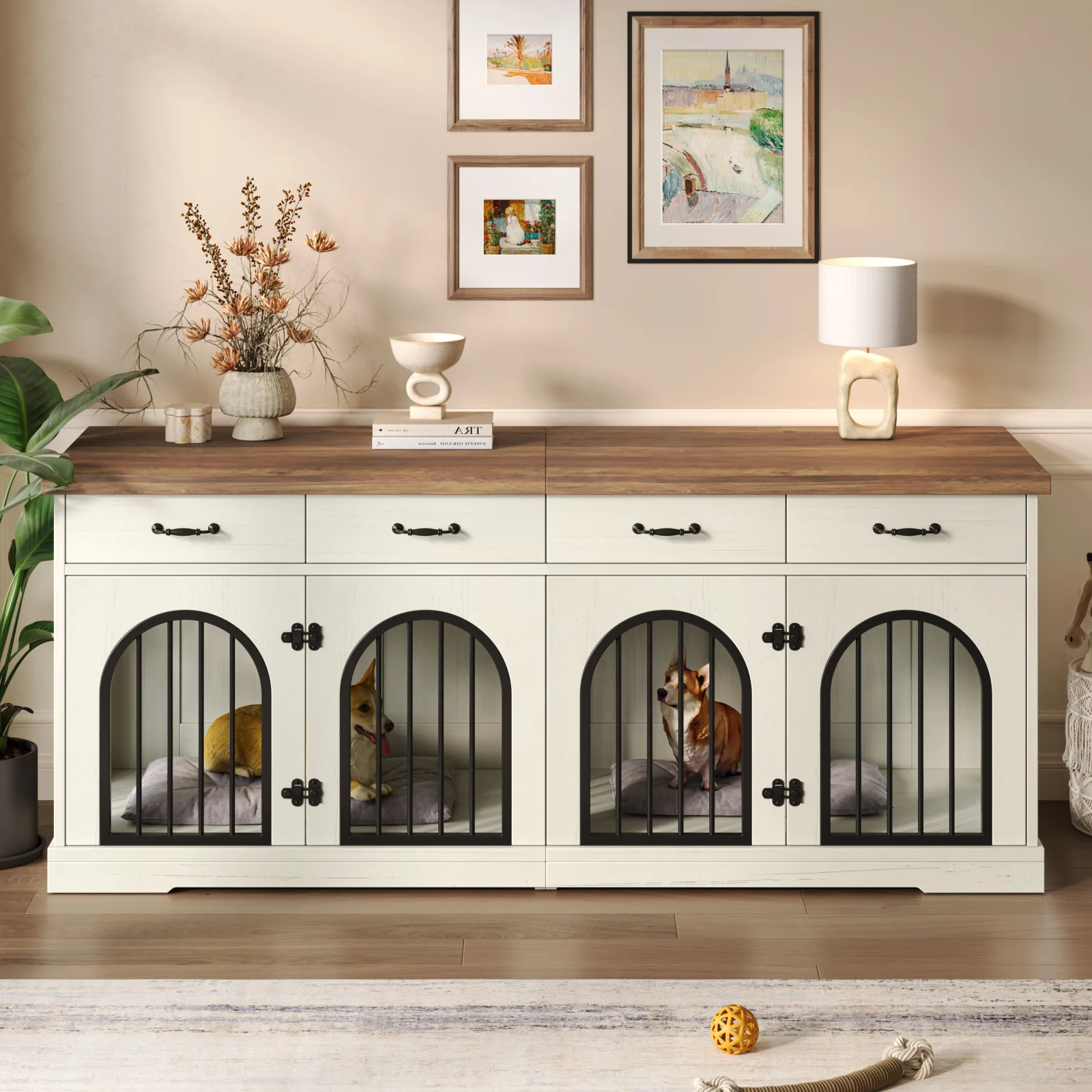 70.8 Large Dog Crate Furniture for 2 Dogs, Dog Kennel Indoor with Removable Divider Door and 4 Storage Drawers, End Table, Dog Crate Tv Stand with 4 Doors for Medium Small Dogs, White and Brown