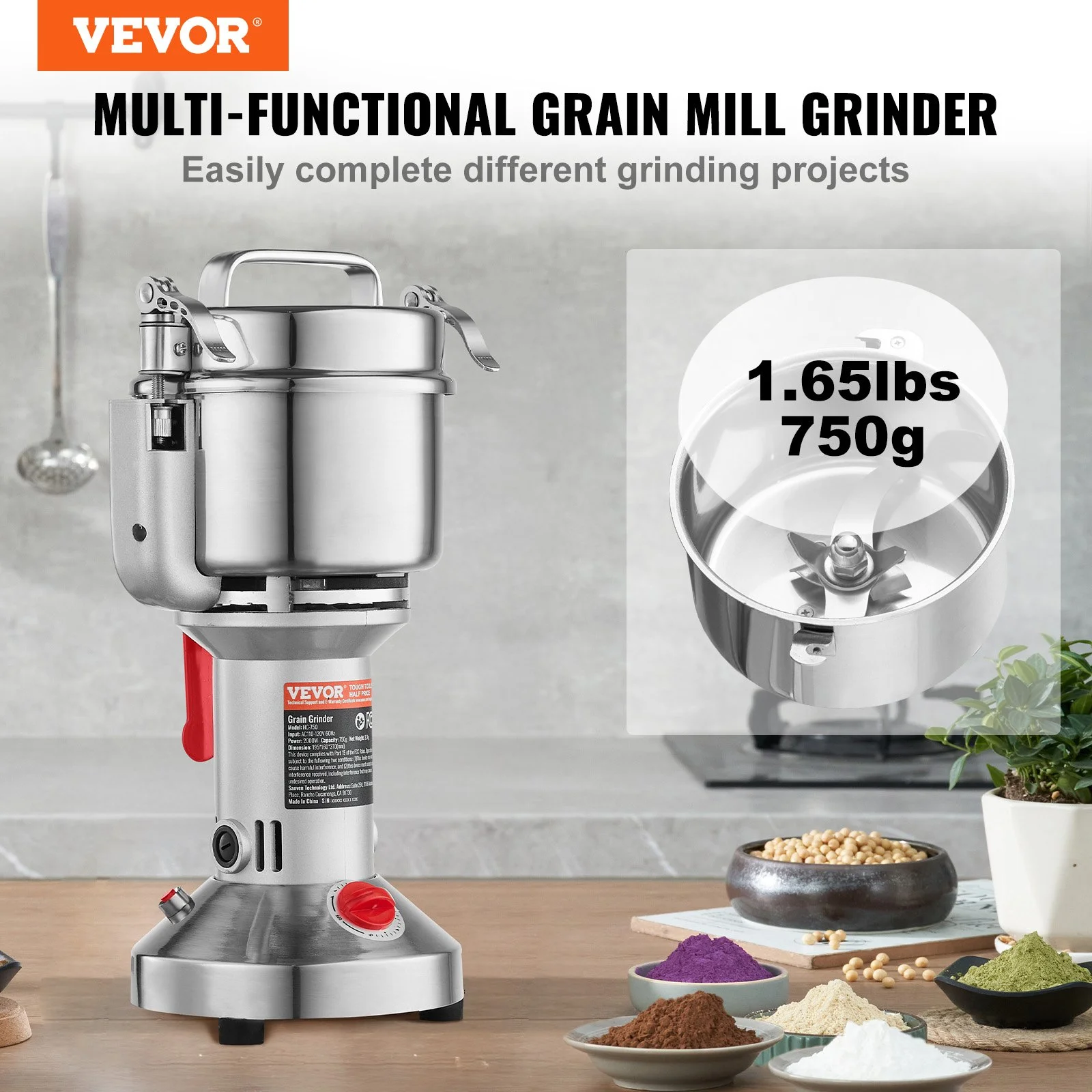High-speed electric spice grinder with stainless steel three‑layer blades, 750 g