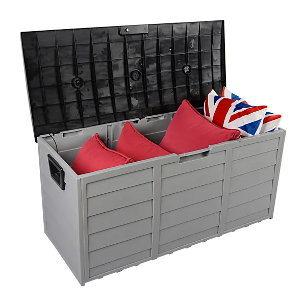 260L Black Slatted Wood Effect Plastic Garden Storage Box With Wheels