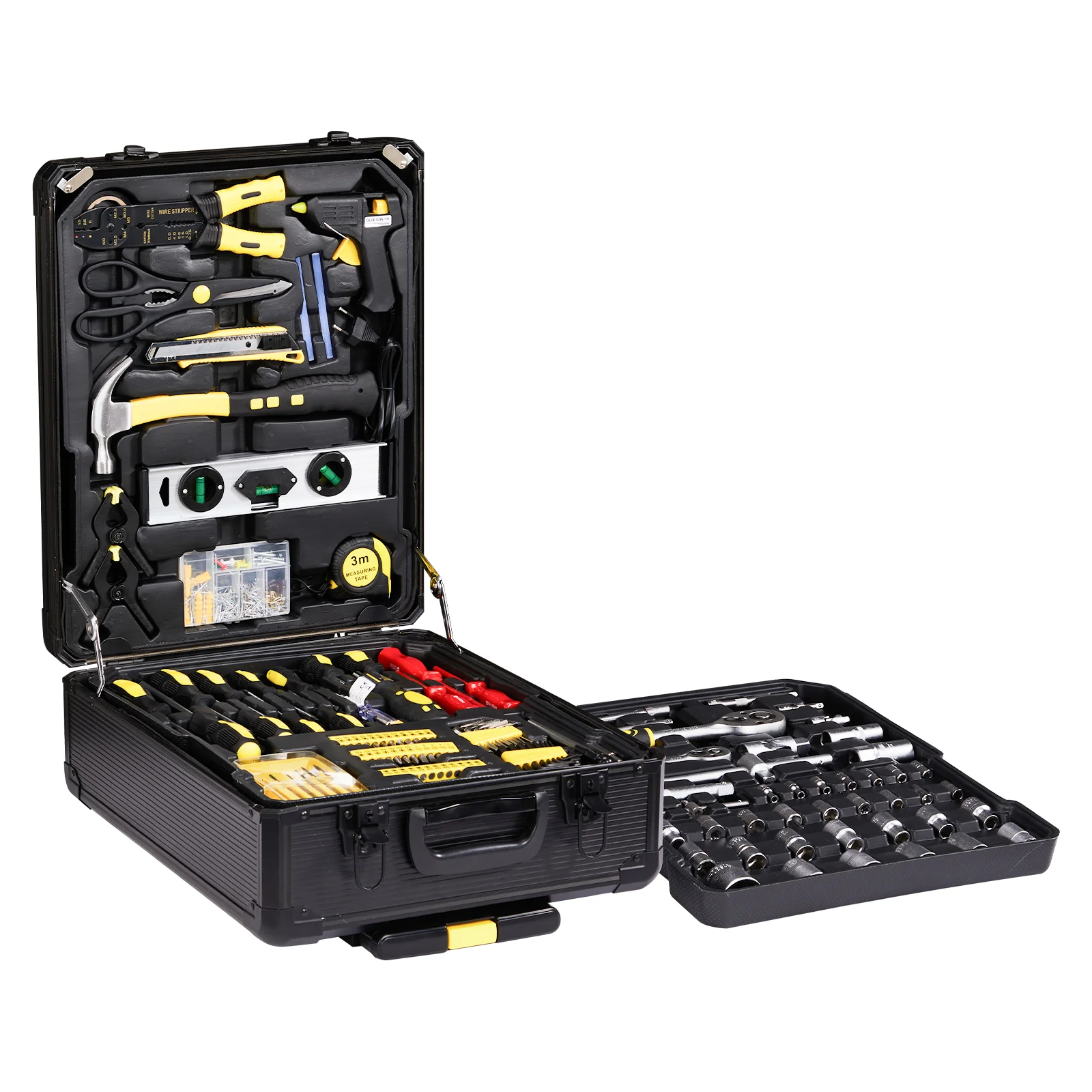 799-piece black and yellow aluminum trolley case tool set with spanners and pliers