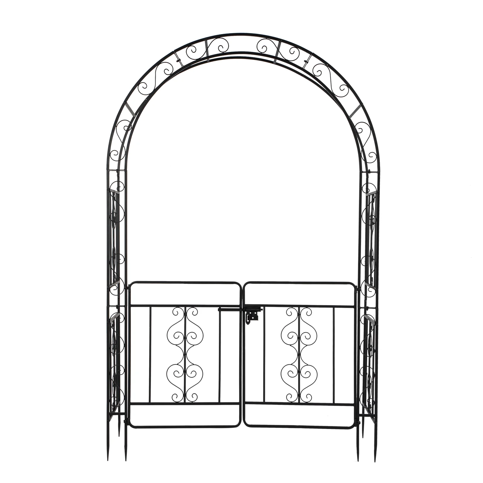 Black Wrought Iron Garden Arch Trellis with Door and Rounded Roof for Climbing Roses