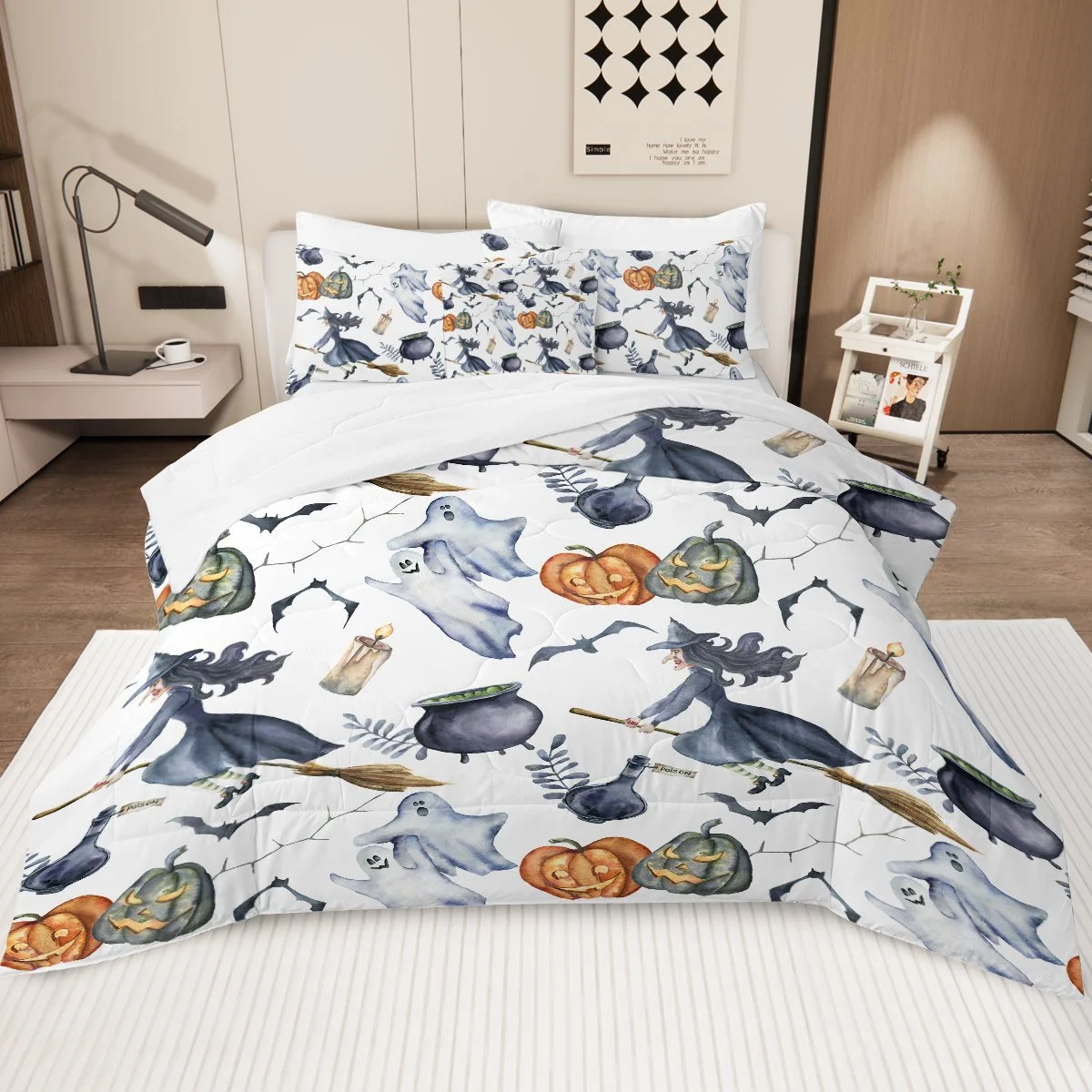 Halloween Witch Pattern Bedding Set with Fitted Sheet, Shams, and Pillowcases