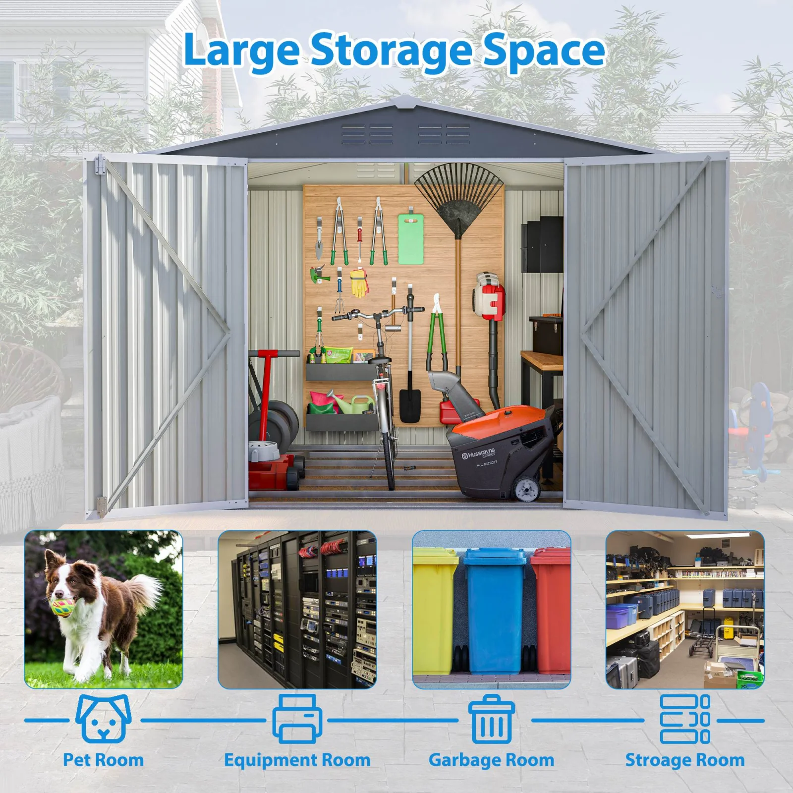 8 X 6 Ft Outdoor Waterproof Garden Tool Storage Sheds with Metal Foundation with Floor Frame, Tool Shed with Lockable Hinged Doors & Air Vents, Storage House Waterproof for Backyard, Lawn, Gray
