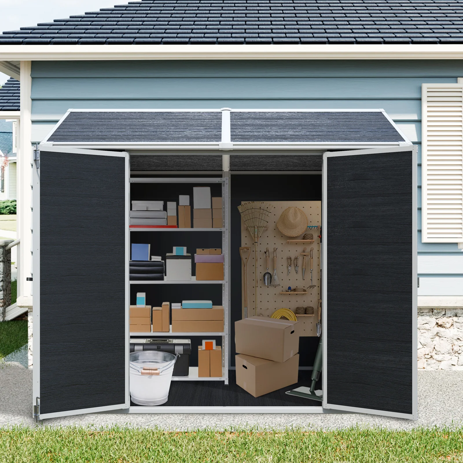 8 X 6ft Resin Outdoor Storage Shed Waterproof Shed with Floor & Two Windows & Lockable Door, Tool Shed for Garden, Patio,black