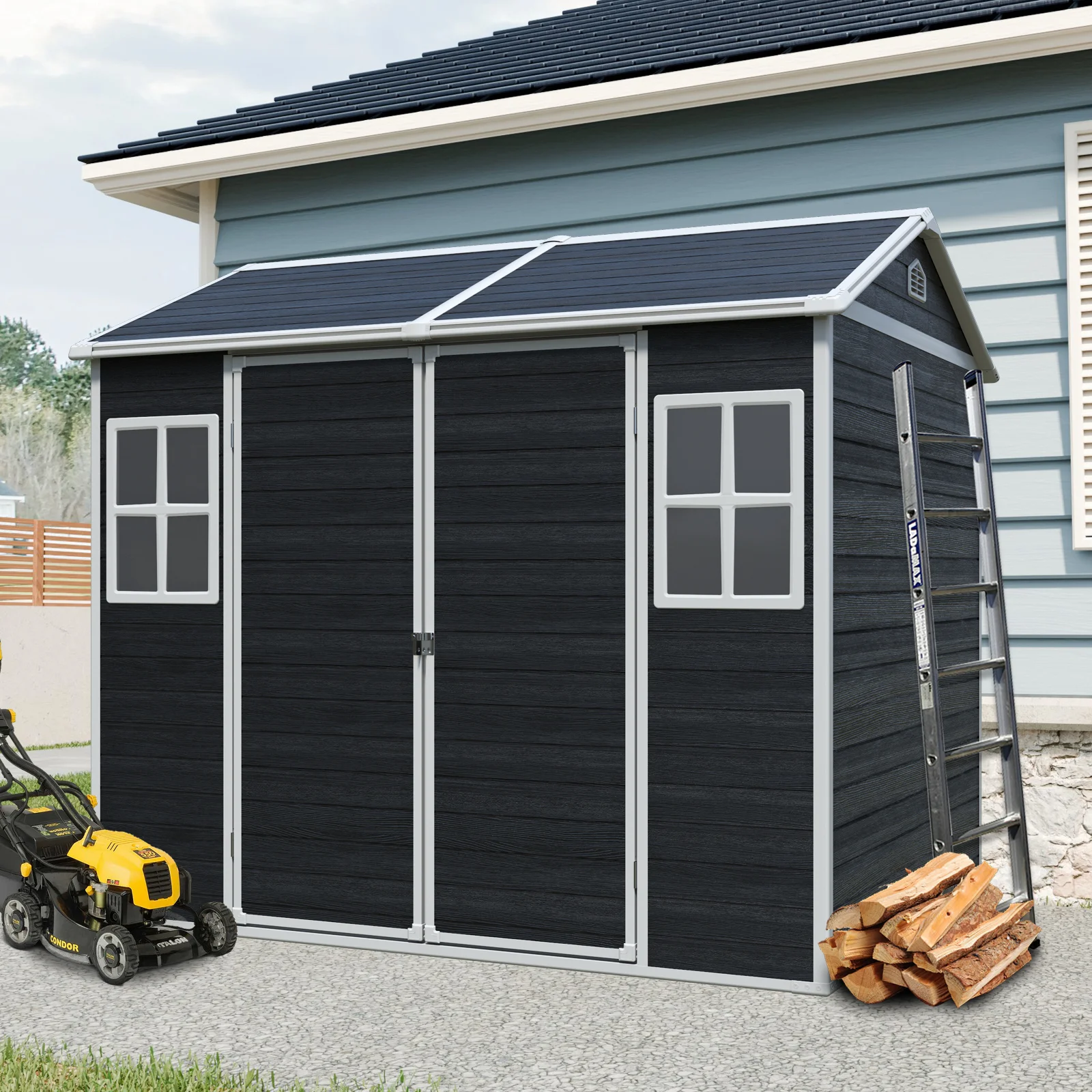 8 X 6ft Resin Outdoor Storage Shed Waterproof Shed with Floor & Two Windows & Lockable Door, Tool Shed for Garden, Patio,black