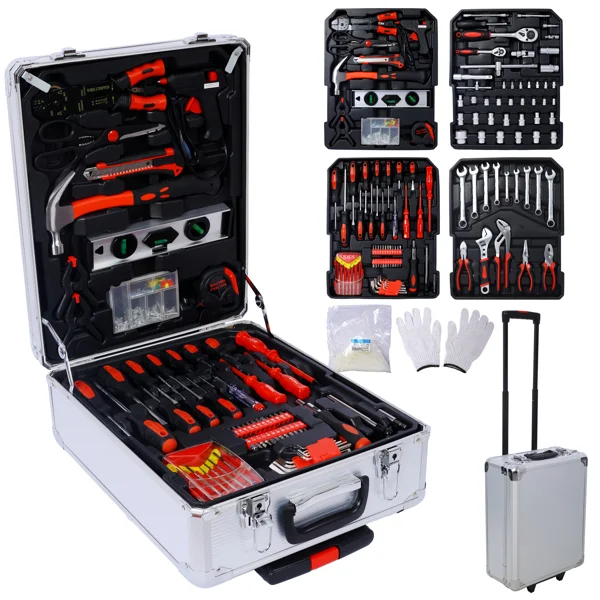 Silver 899‑Piece Men’s Home Repair Tool Set with Rolling 4‑Drawer Aluminum Toolbox