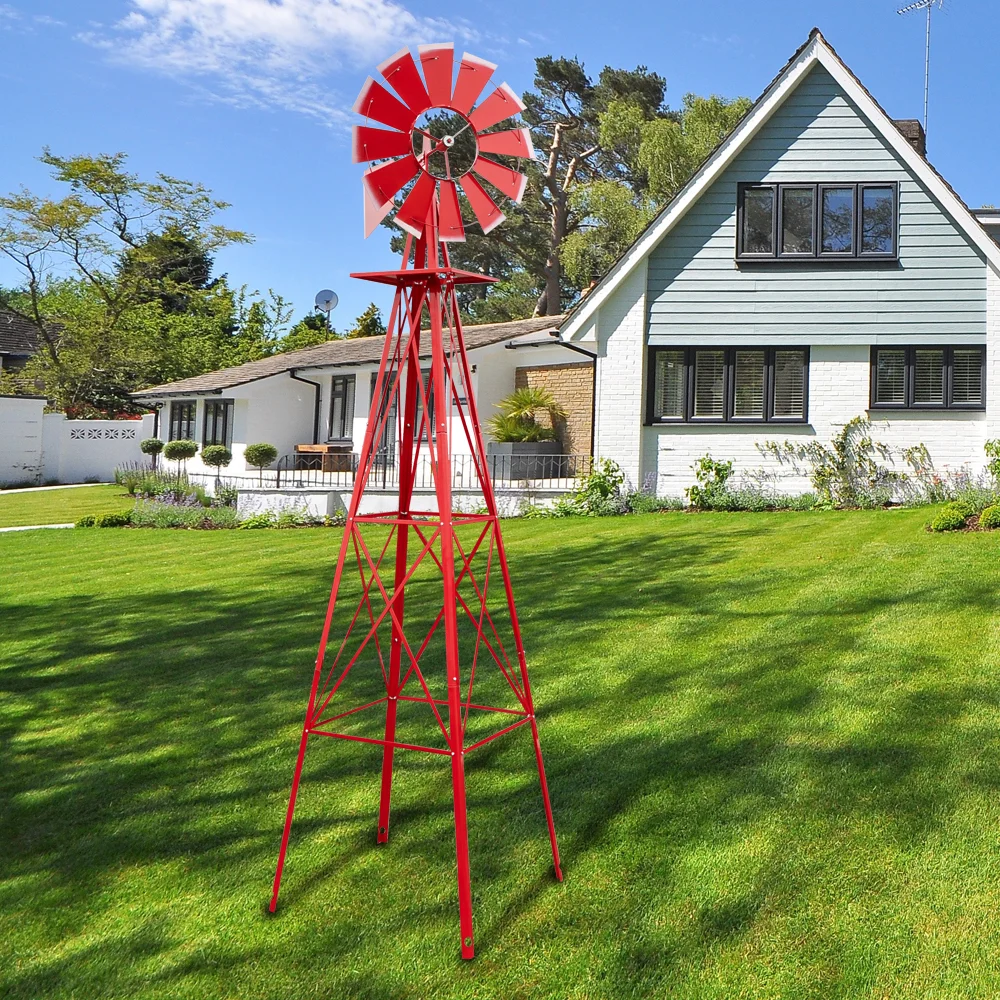 8‑ft red steel windmill for gardens – weather‑resistant, quiet wind indicator