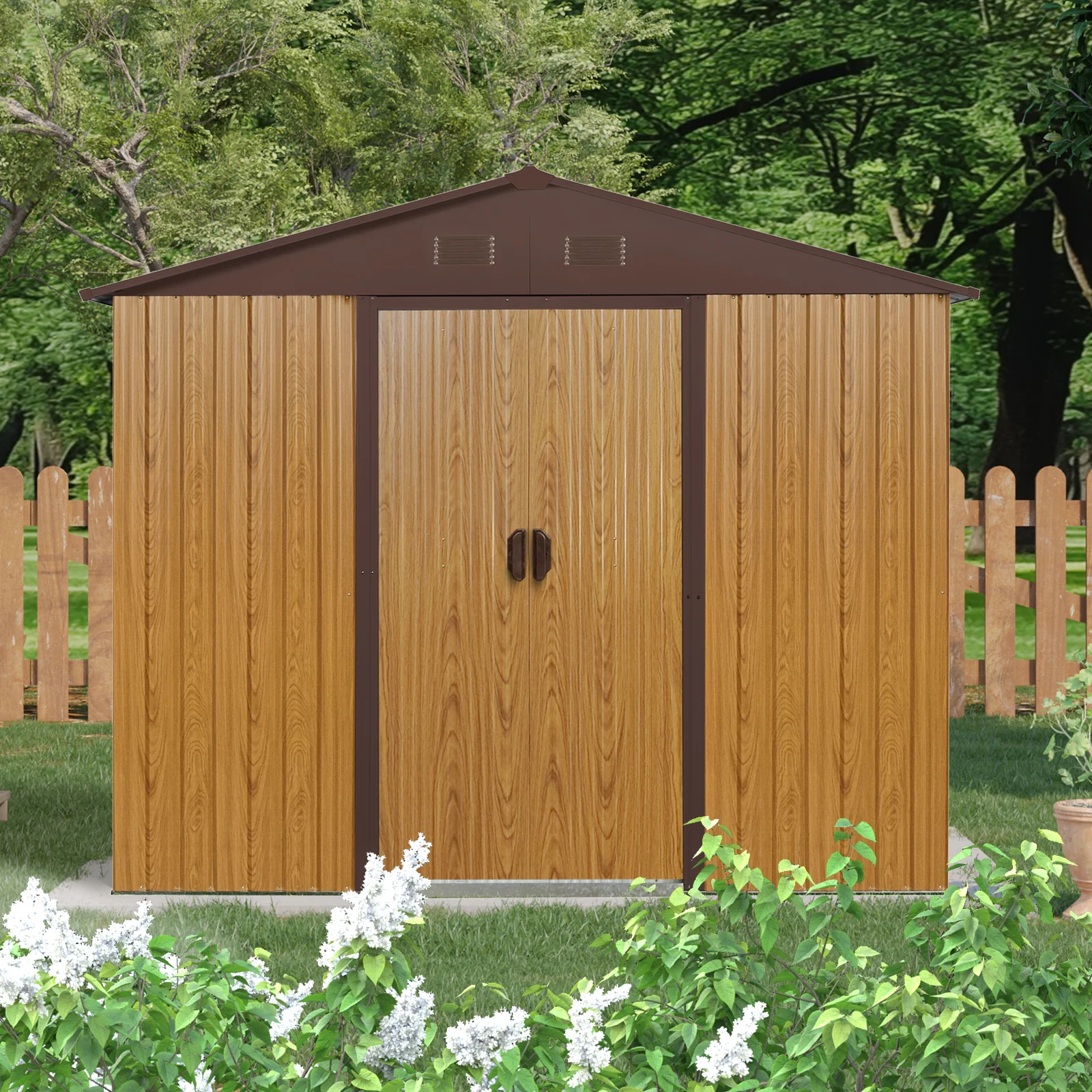 8ft X 4ft Outdoor Metal Storage Shed with Sliding Door and Foundation for Backyard, Patio, Lawn Coffee