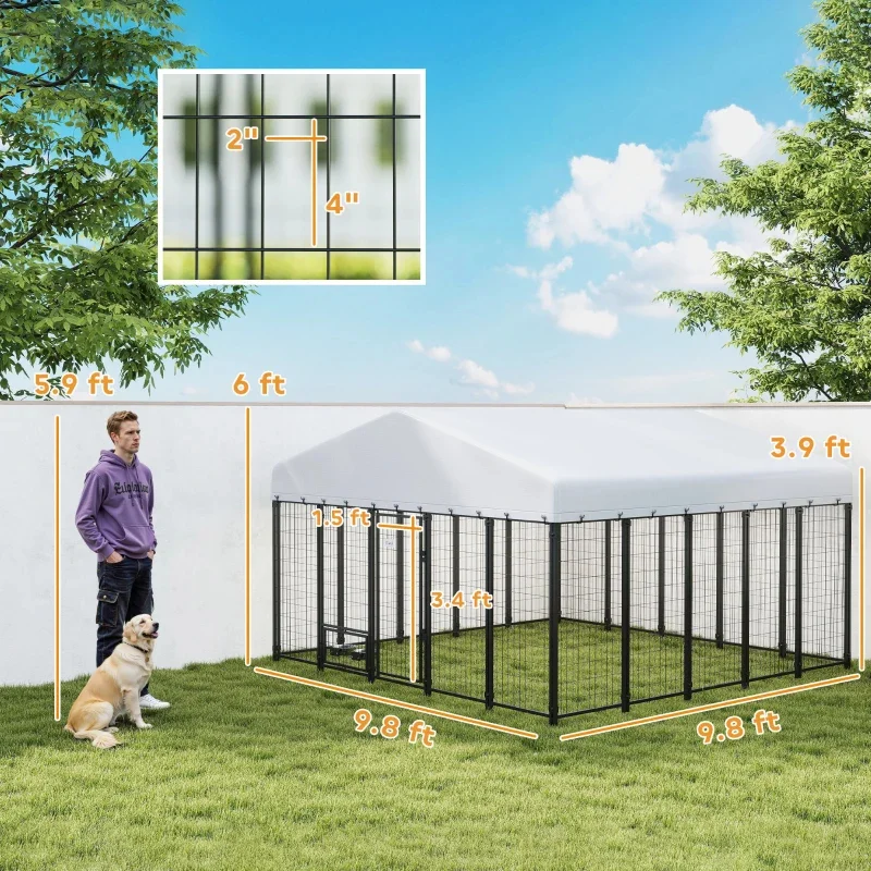 9.8' X 9.8' X 6'outdoor Dog Kennel, Dog Kennel Outside Run with 360 Rotating Bowls, Waterproof & Uv Resistant Covermultiple Packages