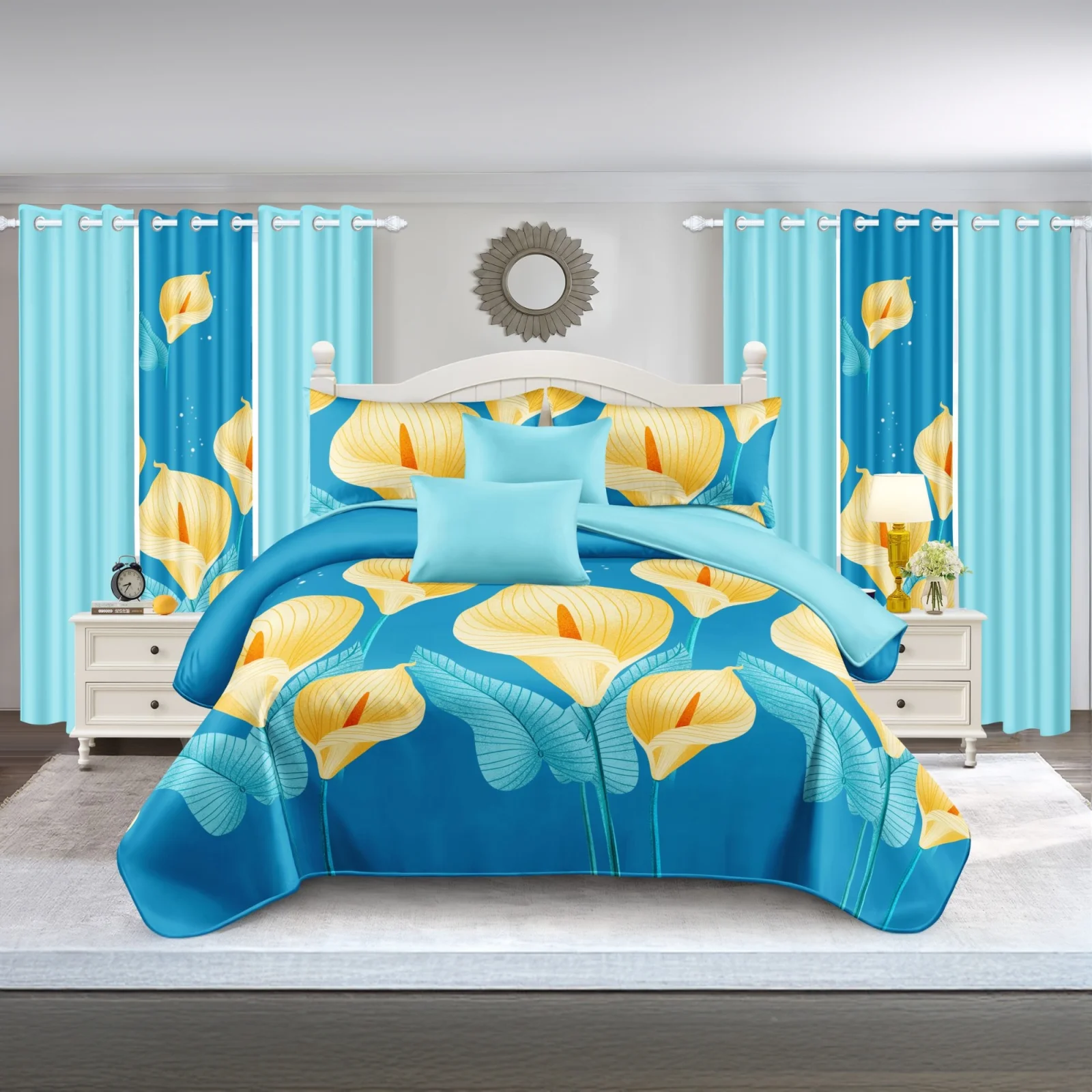 9-piece Blue and Yellow Floral Quilted Bedspread Set with 6 Curtains and Pillowcases, Microfiber Bedroom Decor