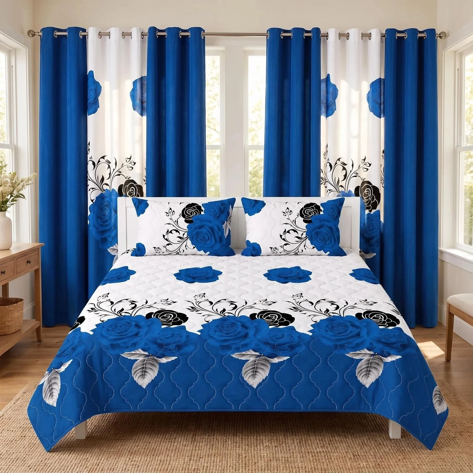 9-piece Blue Rose Quilted Bedspread Set with 6 Window Curtain Panels and 2 Pillow Shams, Soft Microfiber Room 