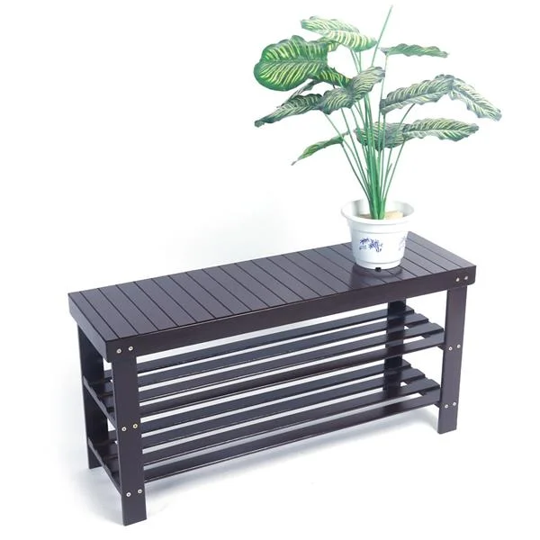 90cm Strip Pattern 3 Tiers Bamboo Stool Shoe Rack Coffee