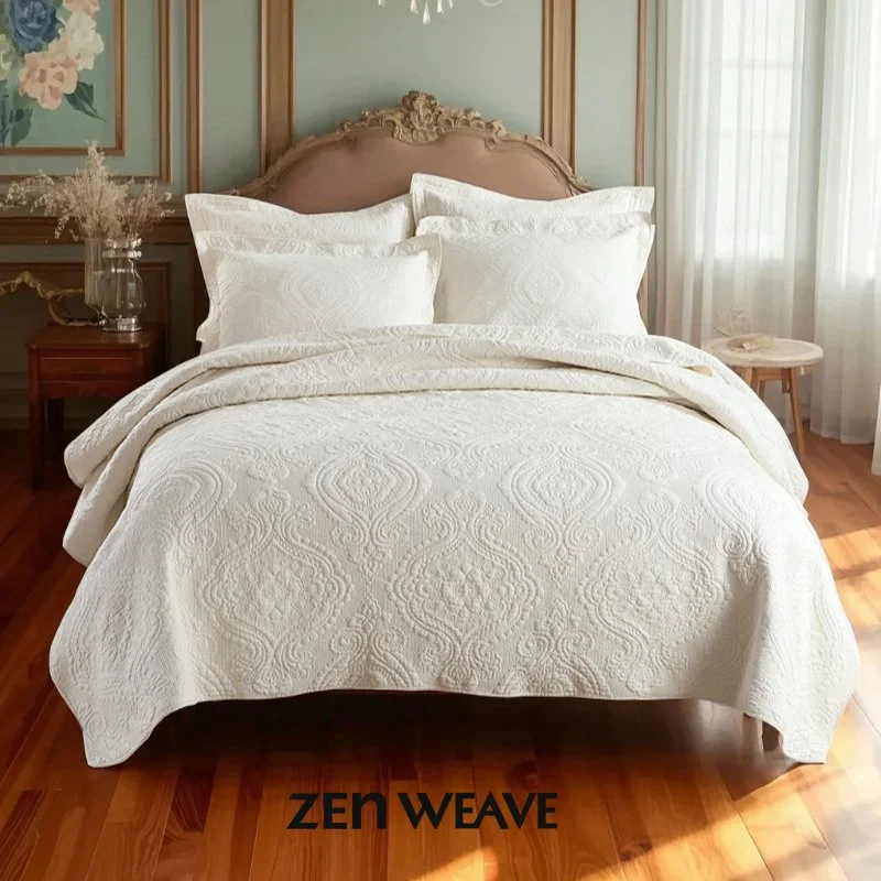 90x98 98x106 3piece 3d Dimensional Quilted Embroidery Palm Leaf Bedspread Set Cotton Filled Reversible Coverle