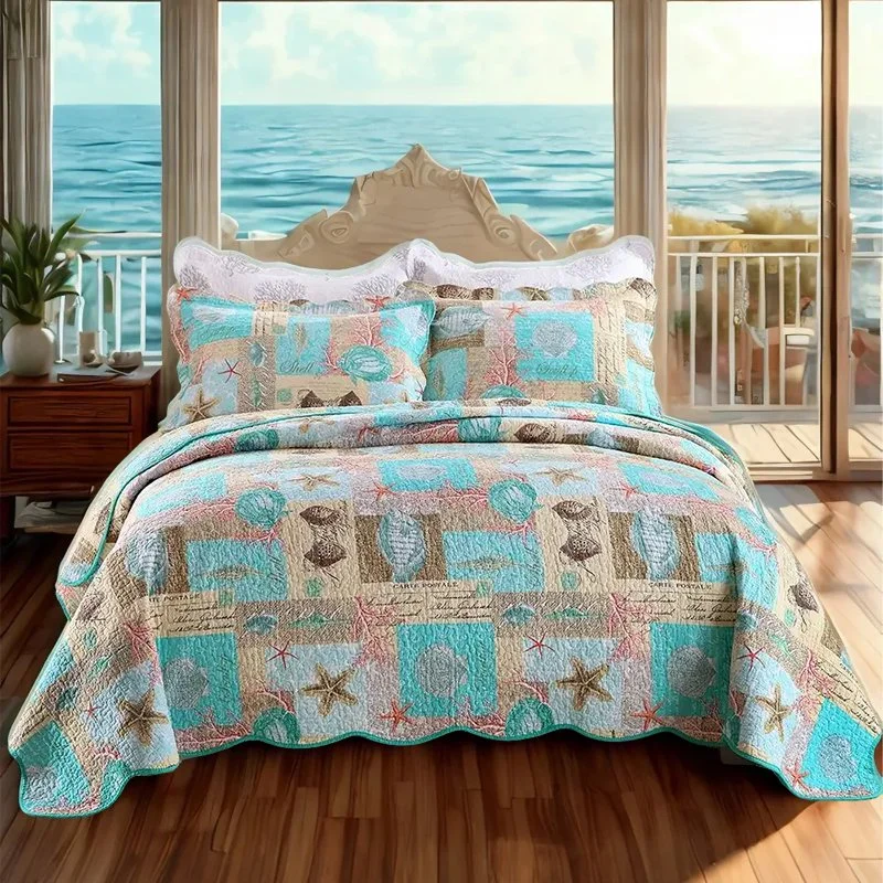 90x98 & 98x106 3 Piece Coastal Nautical Quilted Bedspread Set Seashell Starfish Conch Print Cotton Filled Reversible Coverlet Deep Blue Back Fits 18 Mattress Wrinkle Release Pet Hair Resista