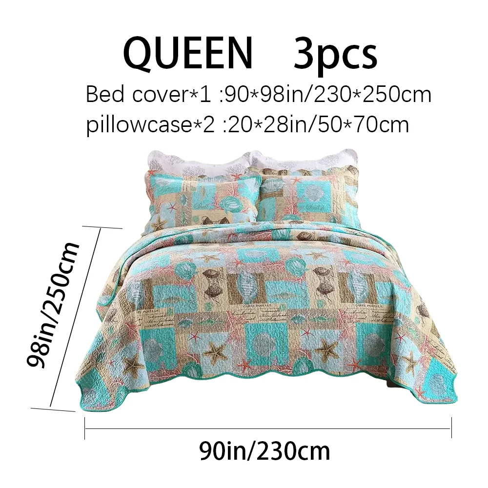 90x98 & 98x106 3 Piece Coastal Nautical Quilted Bedspread Set Seashell Starfish Conch Print Cotton Filled Reversible Coverlet Deep Blue Back Fits 18 Mattress Wrinkle Release Pet Hair Resista