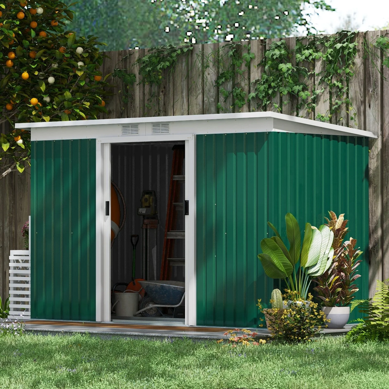 9'x4.5'x5.5' Rust Resistant Metal Garden Shed, Vented, Green White, Perfect for Backyard Lawn Tool Storage Garden Essentials