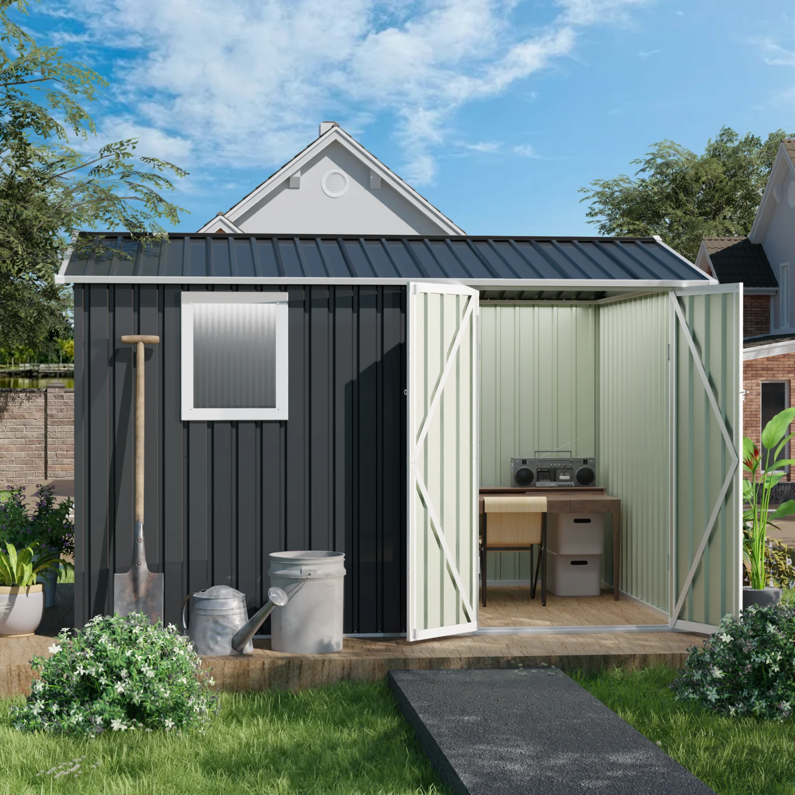 9x6 Ft Metal Garden Shed for Patio Tools House Storage Shed with One Window 9.5 X 6.7ft