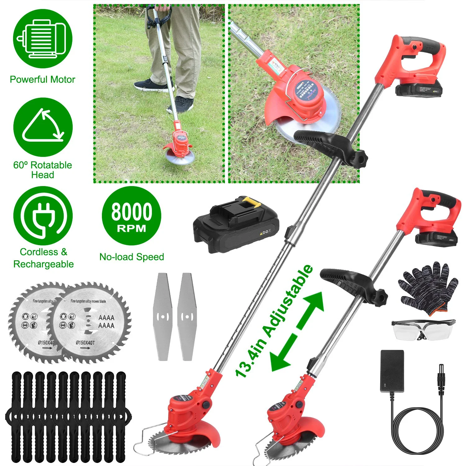 Adjustable Telescopic Cordless Weed Trimmer with 60° Angle, 8000 RPM, Extendable 37‑50.4 in Pole