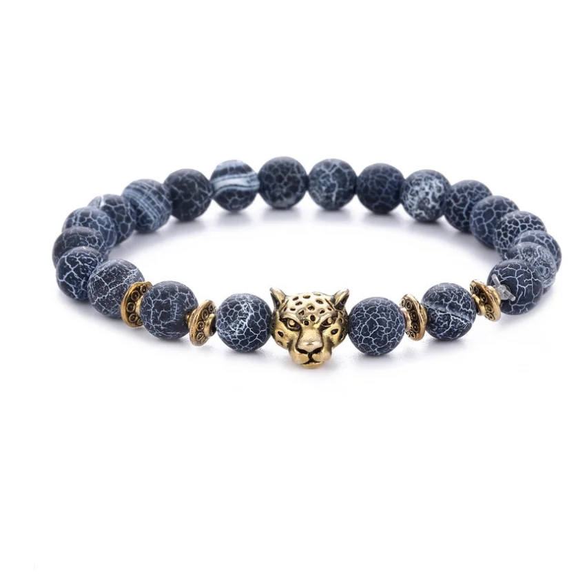 Leopard head beaded bracelet with black weathered agate, alloy accents and elastic rope