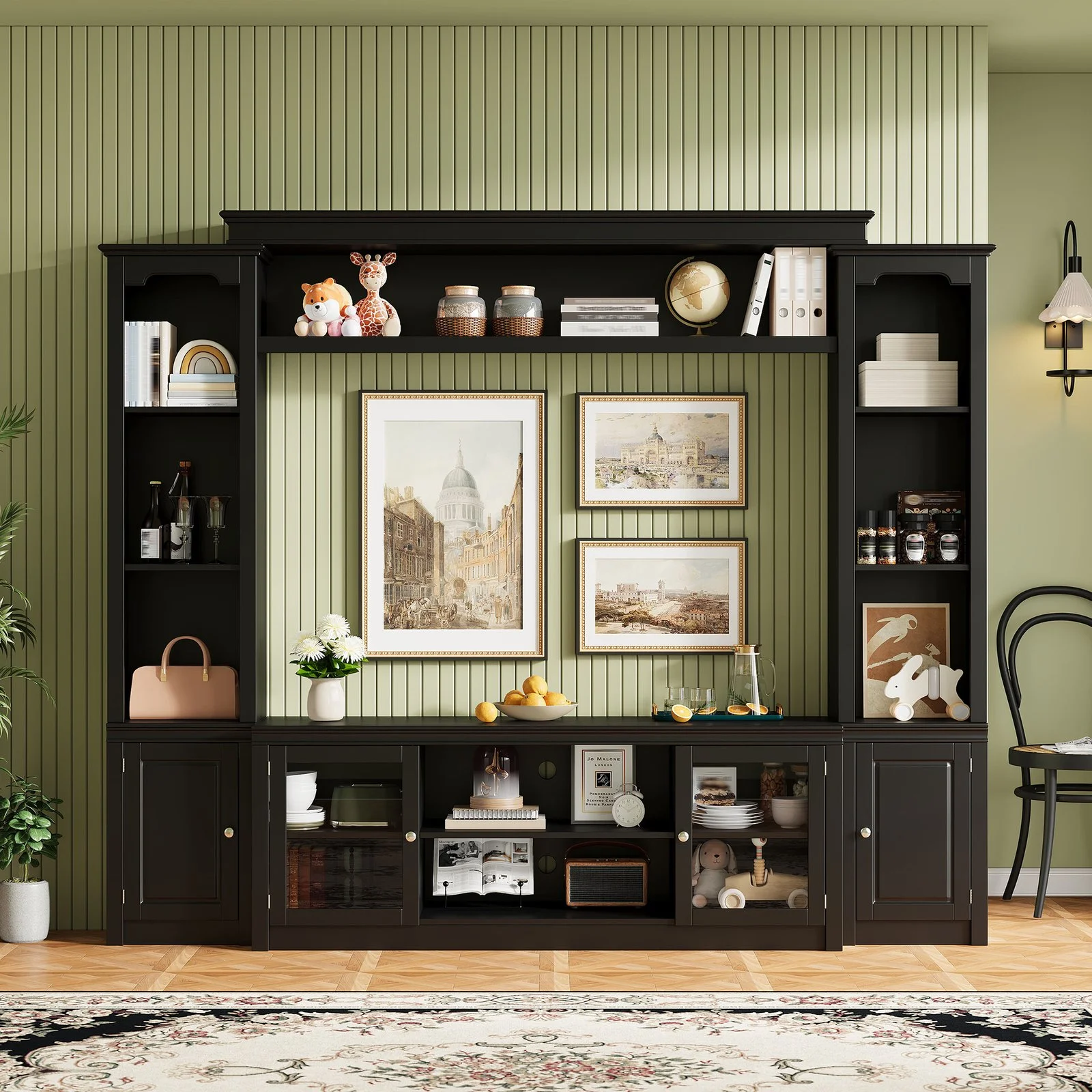 All-in-one Modern Tv Stand with Bookcase for Tvs Up to 65-inch, Entertainment Center with 4 Adjustable Shelves,tempered Glass Doors, Display Storage Cabinet, Ample Storage Space Tv Stand