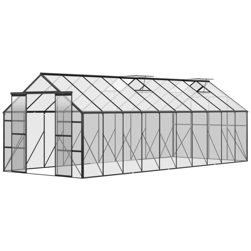 Aluminum walk‑in greenhouse with polycarbonate panels, adjustable roof vent, 8x20 ft