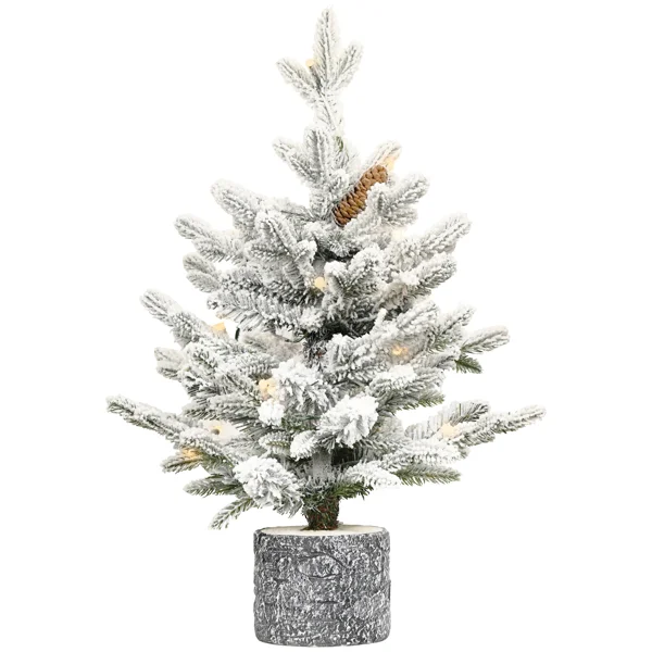 Artificial 2ft Decorated Flocking Basin Tree with 189 Pe Pvc Mixed Branch Tips, Pine Conex3, 30l Wram White Light, Holiday Decorating